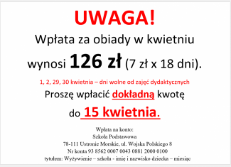 Wpłata za obiady w kwietniu