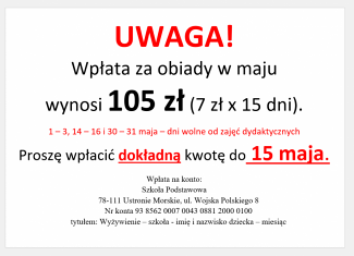 Wpłata za obiady w maju